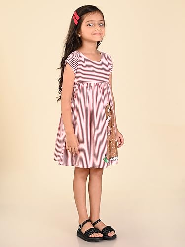 Image of LILPICKS Dog Printed Stripes Fit n Flare DressFor Girls (Red White)