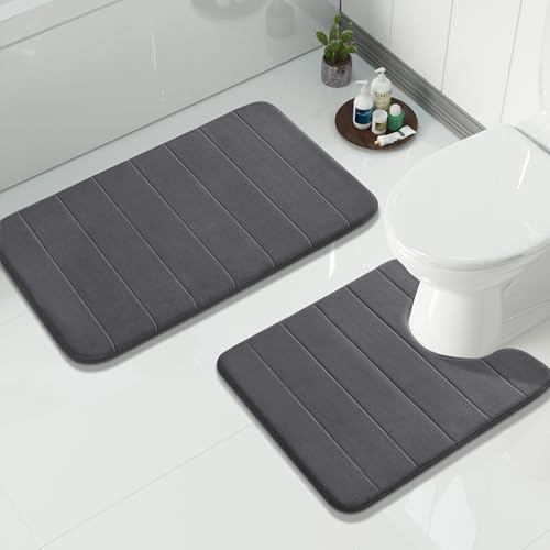 Image of Yimobra Memory Foam Bath Mat Set 2 Piece - Super Soft Absorbent Quick Dry Bathroom Toilet Rugs, Machine Washable Non Slip Floor Carpet for Tub Shower & Single Sink (31.5x20 & 24x20, Dark Gray)