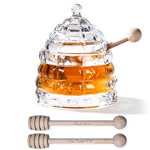 M&N Home Beehive Crystal Honey Dish and 3 Dippers, Honey Jar and Dipper Set, Large Glass Jar Honey Pot with Lid and Inscribed Wooden Honey Dippers, Glass Honey Dispenser Thank You Gift for Jam, Syrup and Honey
