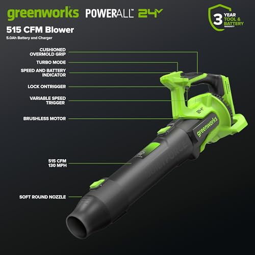 Image of Greenworks 24V Electric Leaf Blower, 515 CFM, 5.0 Ah Battery and Charger