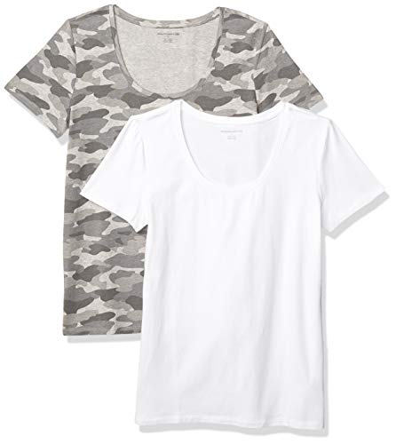 Amazon Essentials Women's Standard 2-Pack Classic-Fit Short-Sleeve Scoopneck T-Shirt, Grey Camo Print/White, Large
