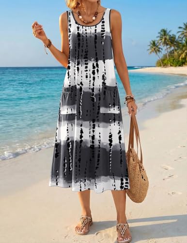 Image of Zeagoo Womens Summer Midi Dresses 2026 Casual Sleeveless Tank Sundresses A Line Crewneck Beach Vacation Dress with Pockets