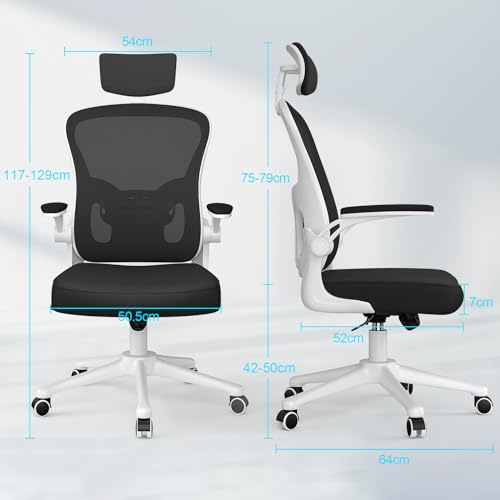Miniatura 3 de Rattantree Silla De Escritorio Ergonómica Con Reposacabezas Ajustable Y Soporte Lumbar, Respaldo De Malla Transpirable, Reposabrazos Abatibles De 90 , Silla Giratoria De 360 Para Oficina, Blanco