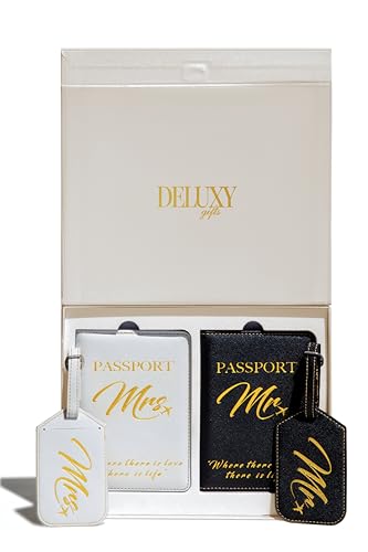 DELUXY Mr & Mrs Luggage Tags & Passport Holder Set - Wedding Gift...