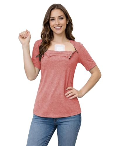 Youdiao Chemo Shirts for Port Access Women Post Shoulder Surgery Shirts with 2 Hidden Side Zippers Short Sleeve Tear Away Tops Adaptive Clothing Pink M
