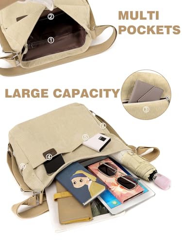 Image of Convertible Corduroy Tote Bag Backpack Purse Hobo Shoulder Bag for Women with Zipper Multi Pockets, Brown