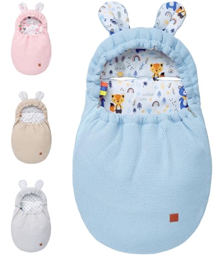 Mikos Einschlagdecke Babyschale Herbst Winter Baby Fußsack mit Zip 100% Baumwolle GOTS Zert. Strickdecke mit Füllung Universal für Kinderwagen Buggys Frühling Maxi Cosi 3 Punkt Gurt (50) (Blau)