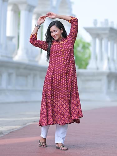 Image of Yash Gallery Women's Rayon Relaxed Fit Anarkali Floral Printed Kurta