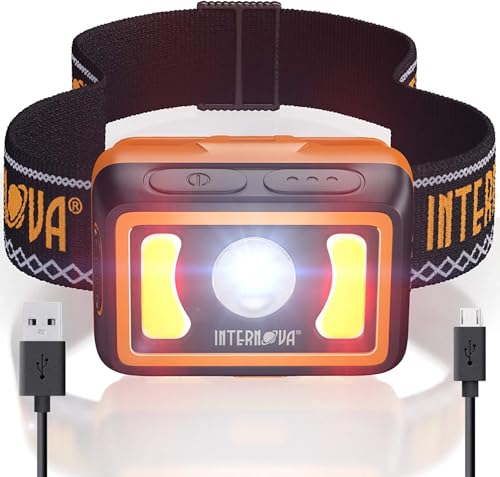 INTERNOVA Rechargeable LED Headlamp, 350 Lumens, IPX7 Waterproof, Feather Light, Ultra Comfort Headband, Multiple Lighting Modes, Hardhat Headlamp, Camping Headlamp