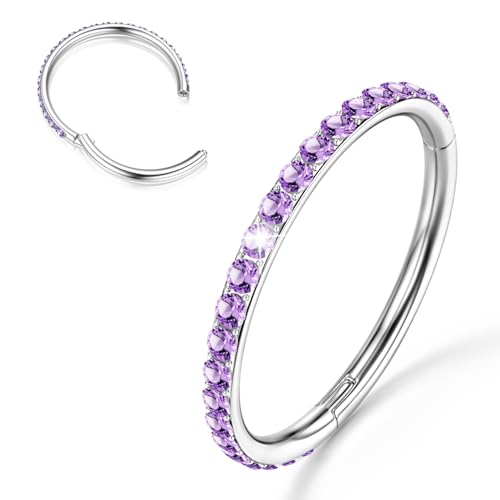 BodyBonita G23 Titanium Nose Rings Hoops - Purple CZ Nose Piercings 18G Septum Rings Cartilage Helix Rook Tragus Lobe Daith Earrings Hypoallergenic Body Jewelry for Women Men Silver 8mm