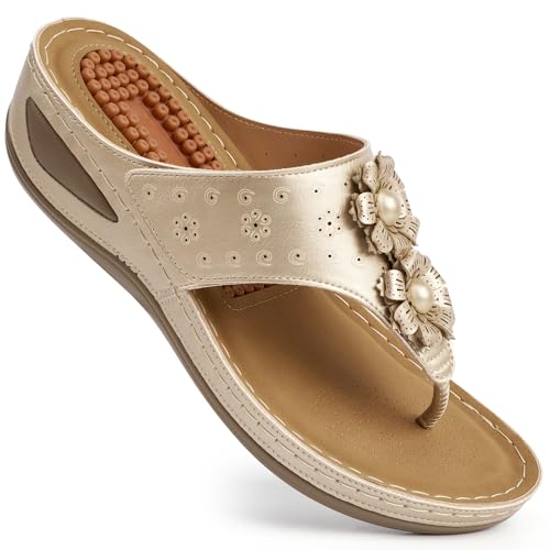 Image of Ecetana Womens Wedge Flip Flops: Orthopedic Cushion Non Slip Sandals - Comfortable Walking for All Day - Stylish Flower Adjustable Thong Sandals for Summer Casual Outing