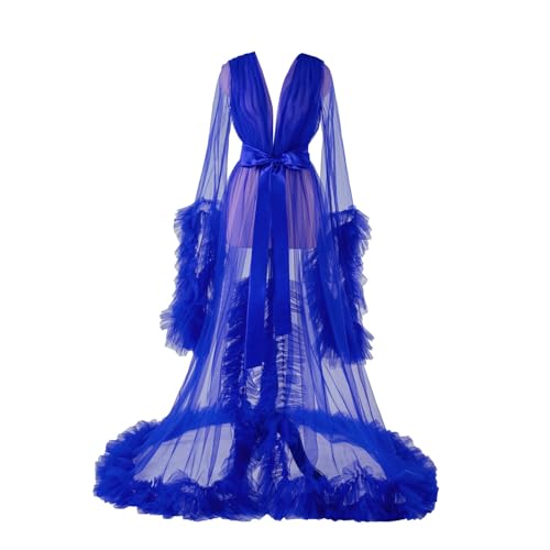 Image of Women's Long Bridal Robes Tulle Lingerie Maternity Bathrobe Photoshoot Illusion Wedding Scarf Party Nightgown