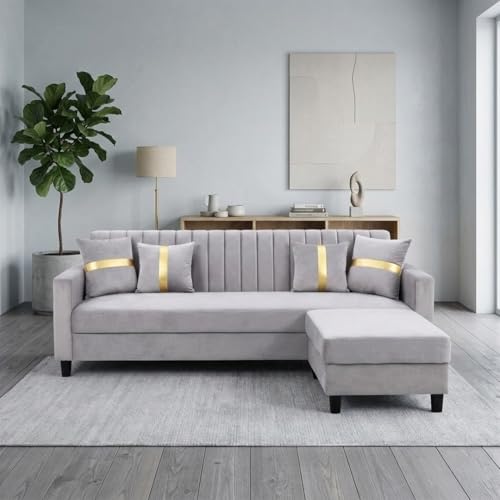 Image of CASASTYLE Korion 4 Seater L Shape Sofa Set with Movable Ottoman | Flexible Left or Right Layout | Cozy Velvet Fabric | Soft Touch Seating | Modern Designer Sofa for Living Room (Light Grey)