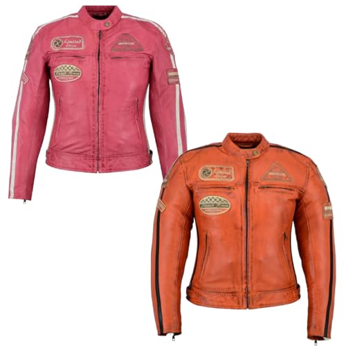 Bstarmoto Chaqueta de Moto de Cuero Para Mujer | Chaqueta de Moto Touring Chaqueta con insignias Chaqueta Protegida Rosa,Naranja S