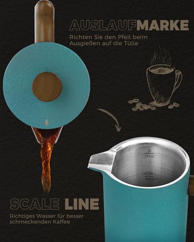 Poliviar French Press aus Edelstahl, Thermo Kaffeebereiter Doppelwandig isoliert, Kaffeebereiter 1 Liter, Handfilter Kaffeepresse mit Plunger & Griff aus Holz, Coffee Press 4