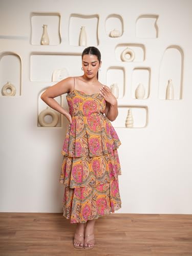Image of PURVAJA Women's Layered Below Knee Length Dress (Floe-022-024)