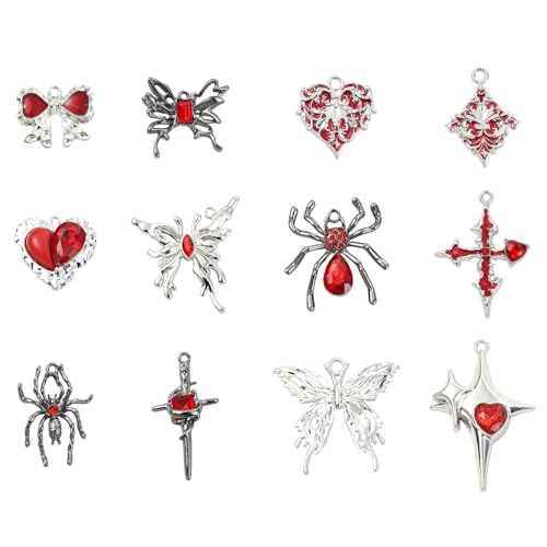 Stiesy Lot de 24 breloques gothiques en émail en forme de croix, papillon, araignée, cœur rouge, strass pour la fabrication de bijoux punk, loisirs créatifs, bracelets, colliers