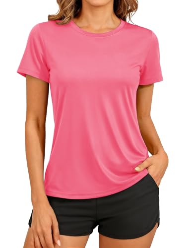 TACVASEN Sun Protection Shirt for Women Quick Dry Gym Tops Short Sleeve UV Protection Sport T-Shirt Outdoor Casual Tee Shirts (S, Rose Red)