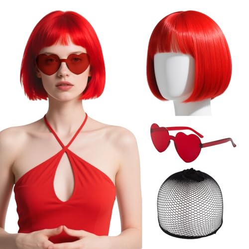 YAUOIPI Red Wig BOBO and Sunglass Set,Synthetic Short Straight Bob with Bangs,Funny Wigs Neon Hair for Women for Daily Decorations Party Cosplay Halloween Singles Party Accessory (Red)