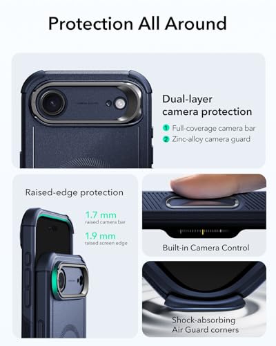 Image of ESR for iPhone Air Case with Stand, 23ft Military-Grade Drop Protection, Camera Control, Shock-Absorbing iPhone 17 Air Rugged case, Compatible with MagSafe Accessories, Cyber Series, Blue