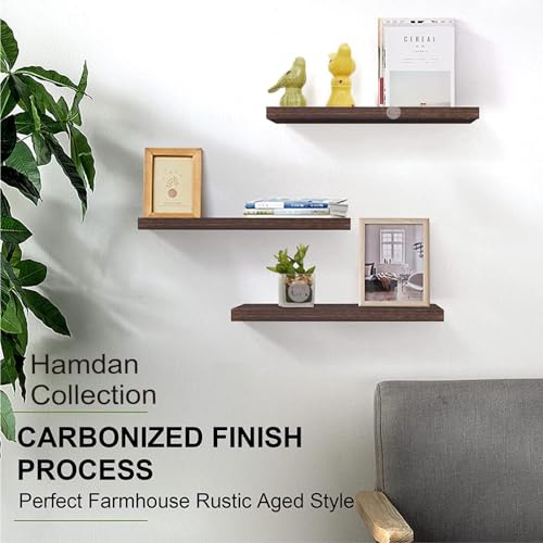 Image of Hamdan Collection Floating Shelves, 24 Inch Wall Shelf Set of 2, Rustic Wood Shelves for Wall Storage, Wall Mounted Wooden Display Shelf for Bathroom Bedroom (17 inch,Set of 3, Brownz)