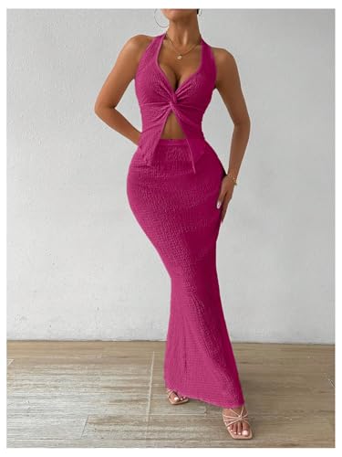 Image of SOLY HUX Women's Two Piece Outfits Twist Front Halter Cami Tops and Skirt Summer Set