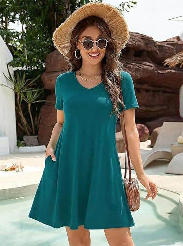 Image of KORSIS Dresses for Women Casual T-Shirt Summer Short Sleeve Loose Comfy Dress Swing Flowy Beach Vacation Sundress with Pocket