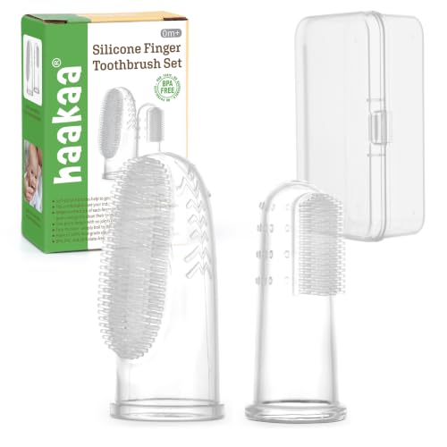 Image of haakaa Silicone Baby Finger Toothbrush Set, 2 Sizes, Infant Oral Care, 0m+ | Two sizes for a comfortable finger fit, with soft bristles and textured ridges for gentle oral care.