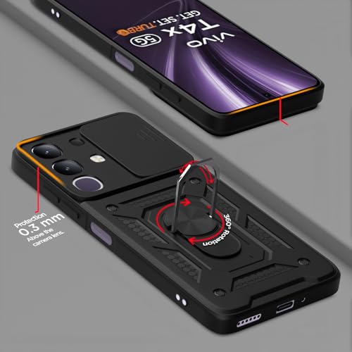 Image of Outlouders Back Cover for Vivo T4x 5G / iQOO Z10x 5G | D10 Tough Armor 360 Protection Case with Sliding Camera Shield & Ring Holder Stand Bumper Case (Black)