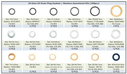 Image of 200Pcs 18 Sizes Master Oil Drain Plug Gasket Assortment Kit fit for Toyota Nissan Subaru Honda, Washers Seals Rings, Replace 11026-01M02 MD050317 803916010 90430-12031