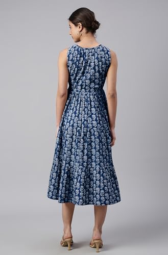 Image of Janasya Women's Cotton Floral Block Print Tiered Western Dress