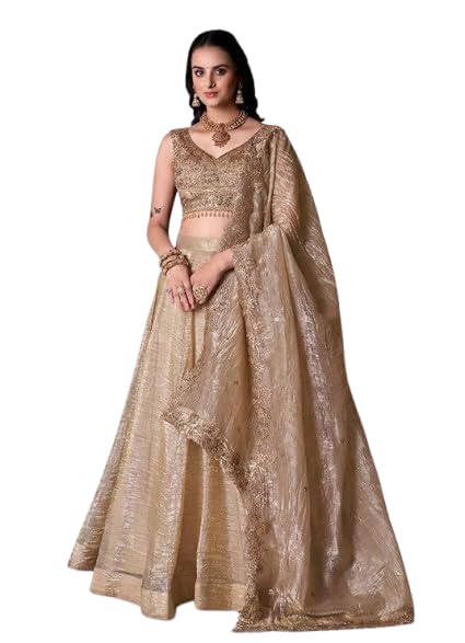 Image of KALPAS Gold Embroidered Lehenga Choli Set with Dupatta, Sleeveless Blouse, Traditional Indian KP-317