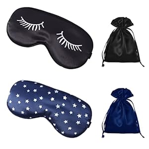 Sleep Mask,Silk Sleep Eye Mask,Sleeping Mask Eyelash Style,Black Satin Eye Mask for Sleeping Cute,Dark Blue Soft Sleep Mask with Adjustable Strap&Silk Bag,Eye Cover for Sleeping for Women(2+2Pack)