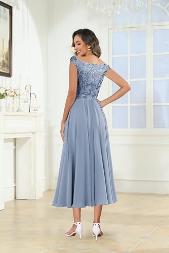 Sequin Mother of The Bride Dresses for Women Off The Shoulder Tea Length Cap Sleeves Formal Wedding Guest Dress3