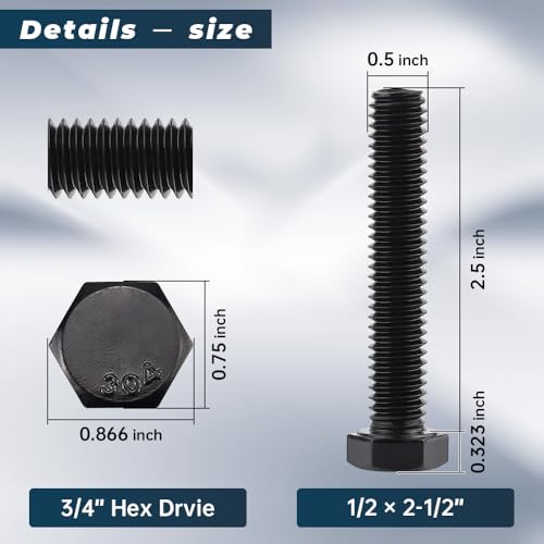 Image of Glvaner 1 /2-13 x 2-1 /2 inch Stainless Steel Hex Head Screws Bolts, Black Coated, 304 Stainless Steel 18-8, Hexagon Head Bolts, Full Thread, 6 pcs