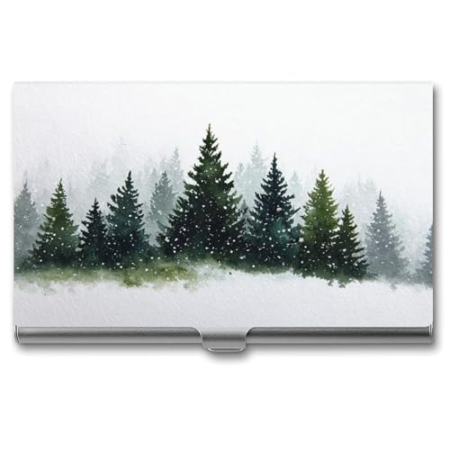 Watercolor Pine Forest Snow Falling And Foggy Business Card Holder Pocket Slim Portable Metal Business Card Case