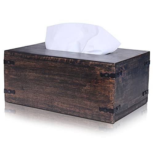 Luxe Designs Decorative Rectangular Wooden Tissue Dispenser with Slide-Out Bottom - Rustic Mango Wood Tissue Box Cover for Bathroom, Car, or Office Desk - 6.4 x 10.2 x 4.5 Inches, Dark Burnt