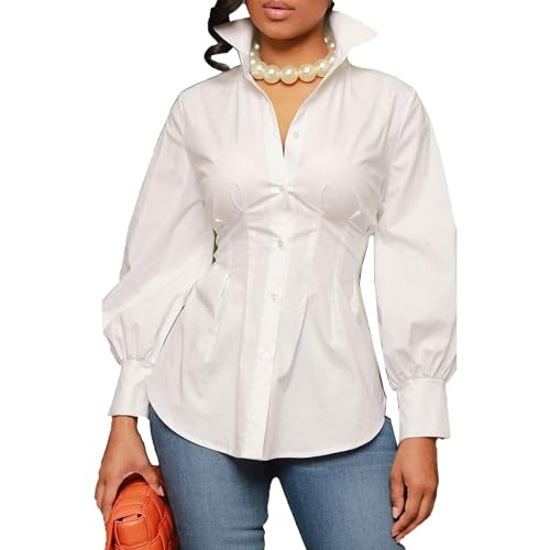 LROSEY Sexy Women’s Button Down Tunic Shirts Plus Size Long Puff Sleeve Peplum Tops Collared Blouses