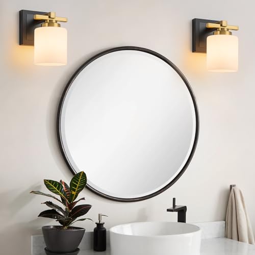 Image of Modern Bathroom Light Fixtures Over Mirror, Vanity Lights for Bathroom Wall Sconces with Milky White Glass Shades, E26 Socket (Bulbs Not Included), 1 Light, Black Gold