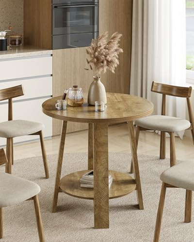 Tribesigns Round Dining Table, 31.5 Inch 2-Tier Farmhouse Kitchen Table for 4, Rustic Circle Dinner Furniture with Sturdy Legs for Kitchen, Dining Room, Living Room, Easy Assembly, Brown