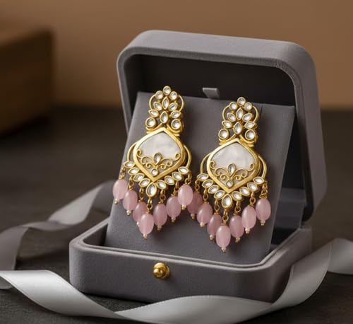 Image of Traditional 20K Gold Plated Kundan Chandbali Earrings with Black Beads and Faux Pearls for Women - Ethnic Wedding & Partyy Wear Statement Jewelry