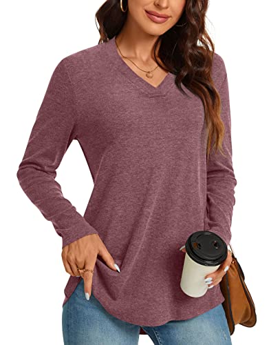 Anyhold Womens Fall Plus Size Long Sleeve Tunic Tops for Leggings V Neck Casual Loose Fit Blouse Shirt