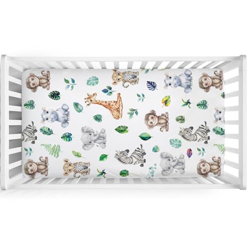 Image of Jungle Safari Animals Tropical Leaf Baby Crib Sheets 52''x28'' Leopard Elephant Giraffe Zebra Hippo Monkey Stretchy Fitted Crib Mattress Cover for Boy Girl Bed Sheet for Standard Crib Toddler Mattress