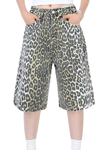 Women's Leopard Print Wide Leg Capri Jeans Boyfriend Straight Denim Pants Y2k Baggy Crop Pants2