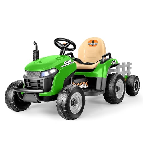 ARBELI 12V 7AH Ride on Tractor w/Tiltable Trailer & Remote Control, 2x45W Motors, Bluetooth, Music, Shifter, Electric Car for Kids Ages 2-5 (Green)