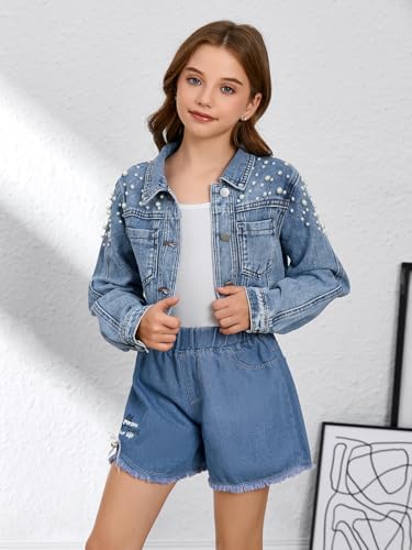 WDIRARA Girl's Beaded Denim Jacket Button Down Collared Long Sleeve Jeans Jackets Y2K Outerwear4