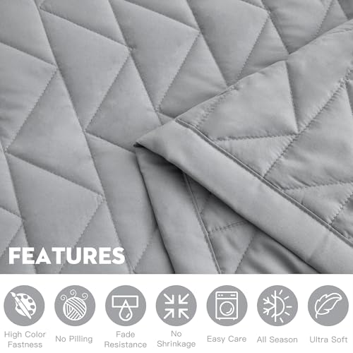 Image of Oversized Queen Bedspread, Geometric Diamond Stitched Quilt Set Queen, Lightweight Reversible Coverlet, Straight Edge - Modern Classic Look, 5 Piece, Grey