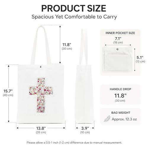 Image of Christian Tote Bag Gift for Women, Canvas Bible Bag Handmade Floral Cross | Christian faith-inspired gift, handcrafted cross with lace, inner pocket, snap closure, bottom gusset, church Bible study use