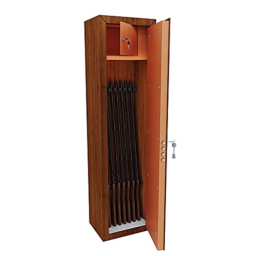 Armadio Portafucili Armi Blindato Fuciliera In Acciaio Effetto Legno Con Cassetto Tesoretto Con Serratura E Chiave A Doppia Mappa Cassaforte Sicura Puebla Colore Marrone 148 x 40 x 28 Cm (8 Posti)
