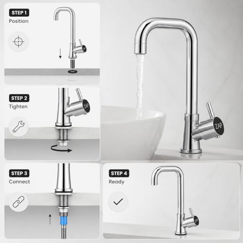 Image of ZAP AquaSwan Brass Swan Neck Kitchen Tap | 360 Swivel Spout Faucet | Heavy Duty Chrome Finish Deck Mounted Sink Tap | Leak Resistant Kitchen Faucet for Sink, Wash Basin & Utility Area